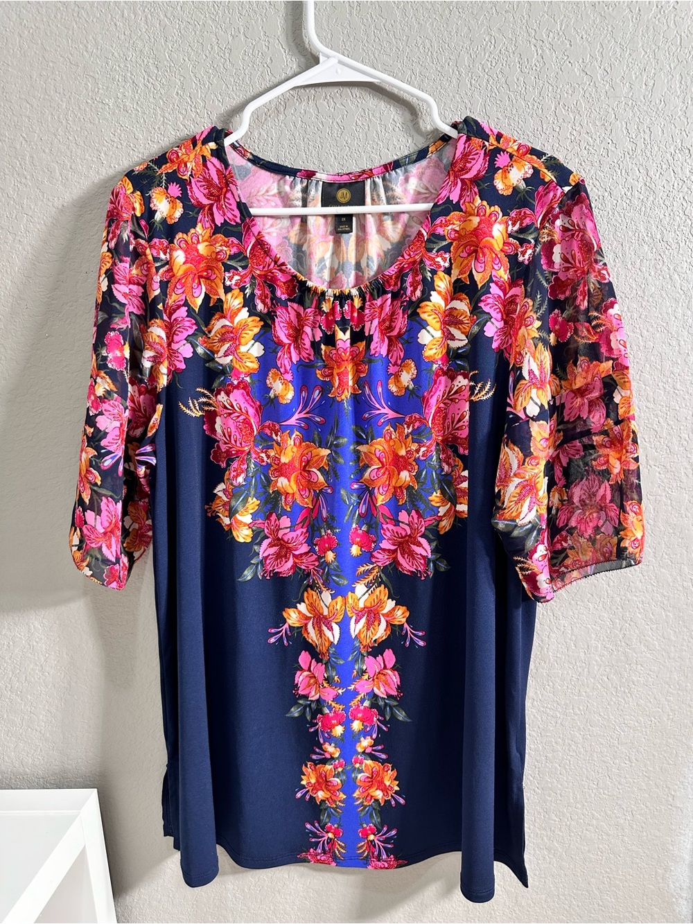 JM Collection Navy Floral Scoop-Neck Blouse with Pink & Orange Blooms